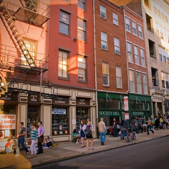 Active Sidewalk with People in Old City Philadelphia
