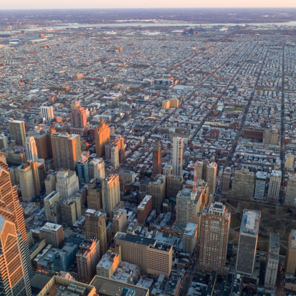 An aerial shot of downtown Philadelphia