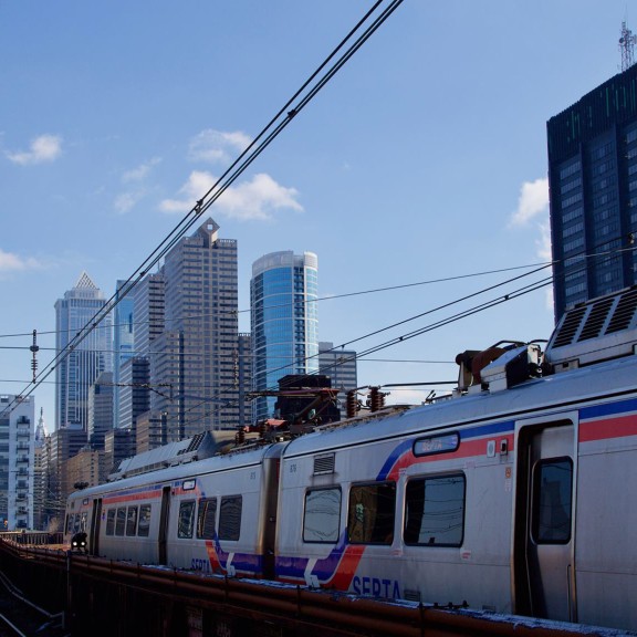 SEPTA Regional Rail with Philly Skyline in Background