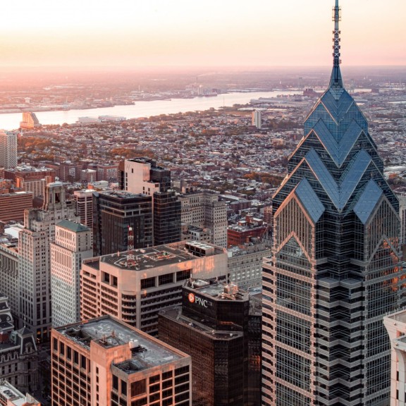 The Philadelphia skyline from an elevated Center City perspective