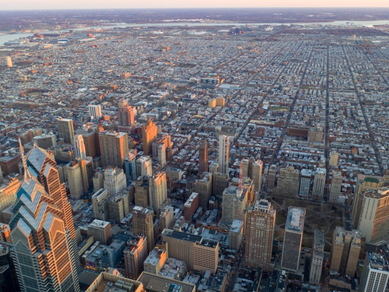 An aerial shot of downtown Philadelphia